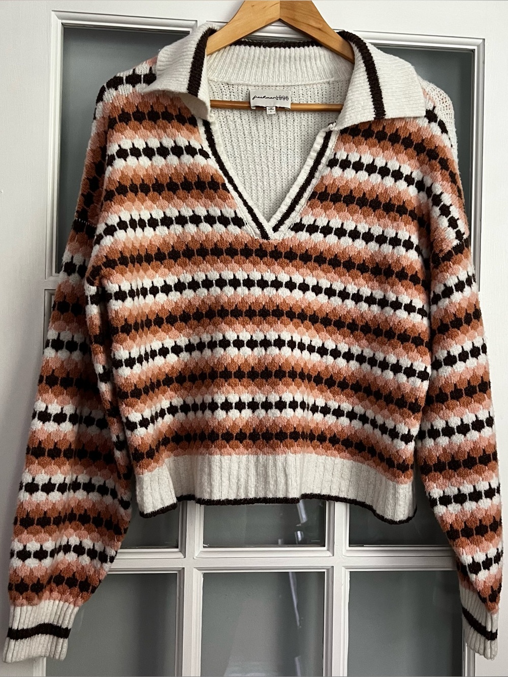 Freshman 1996 Knit V-Neck Collared Sweater in Cream, Rust & Brown
